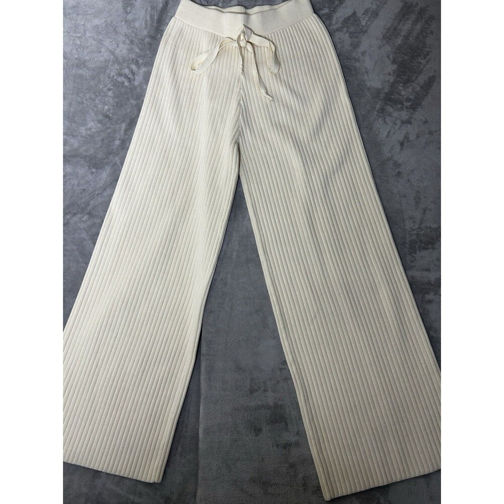 Lumiere Women’s Rib Knit Wide Leg Lounge Pants Medium Ivory Drawstring Pull On